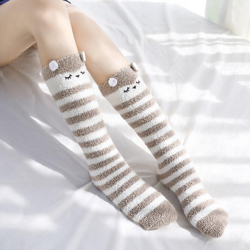 Autumn Winter Nap Cashmere Socks Cartoon Socks Embroidered Coral Fleece Floor Socks Plus Thick Velvet Women